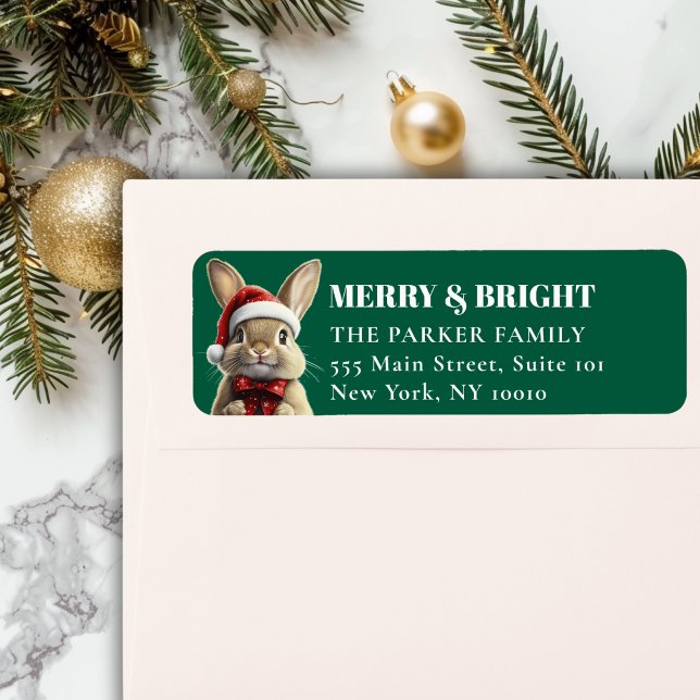 MERRY Christmas! Adorable, Rabbit, Santa Hat Label (MERRY & BRIGHT! Adorable, Rabbit With Red Santa Hat and Ribbon, Green Address Return Labels.)