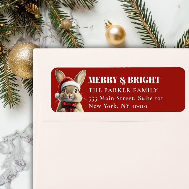 MERRY Christmas! Adorable, Rabbit, Santa Hat Label (MERRY & BRIGHT! Adorable, Rabbit With Red Santa Hat and Ribbon, Red Address Return Labels.)