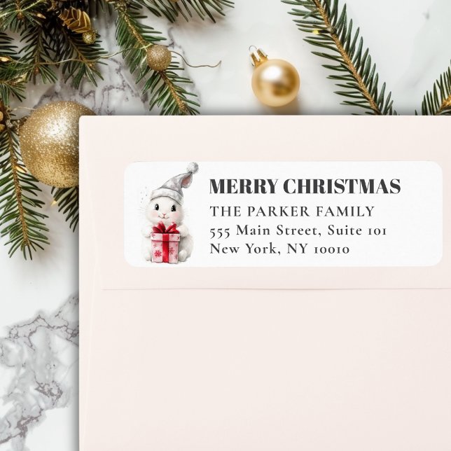 MERRY Christmas! Adorable, White Rabbit Santa Hat Label (MERRY & BRIGHT! Adorable, White Rabbit With Santa Hat, Address Return Labels. )