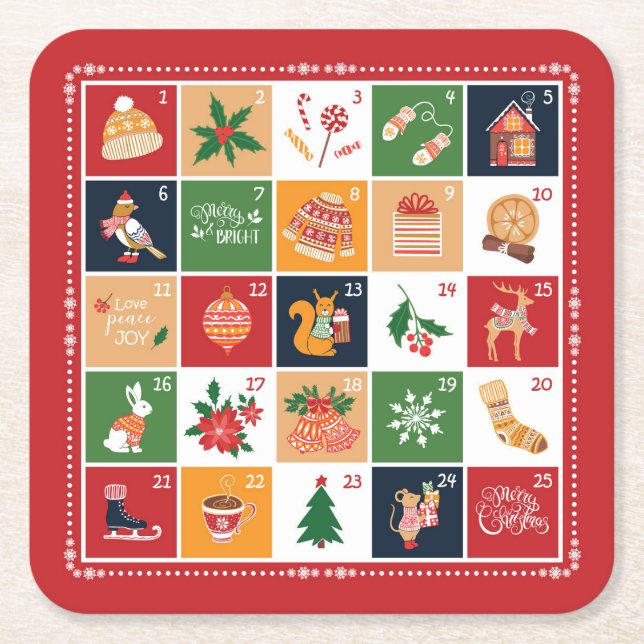 Merry Christmas Advent Calendar Poinsettia Red  Square Paper Coaster (Front)