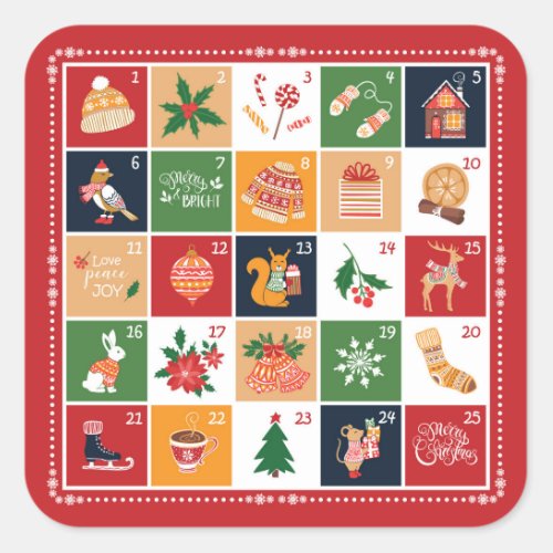 Merry Christmas Advent Calendar Poinsettia Red Square Sticker
