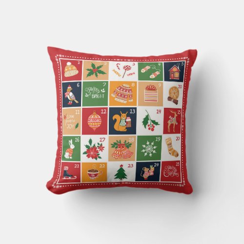 Merry Christmas Advent Calendar Poinsettia Red Throw Pillow