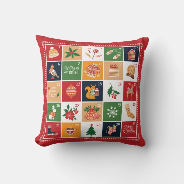 Merry Christmas Advent Calendar Poinsettia Red Throw Pillow (Front)