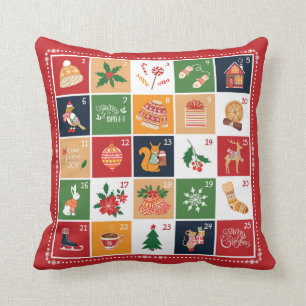 Merry Christmas Advent Calendar Poinsettia Red Throw Pillow