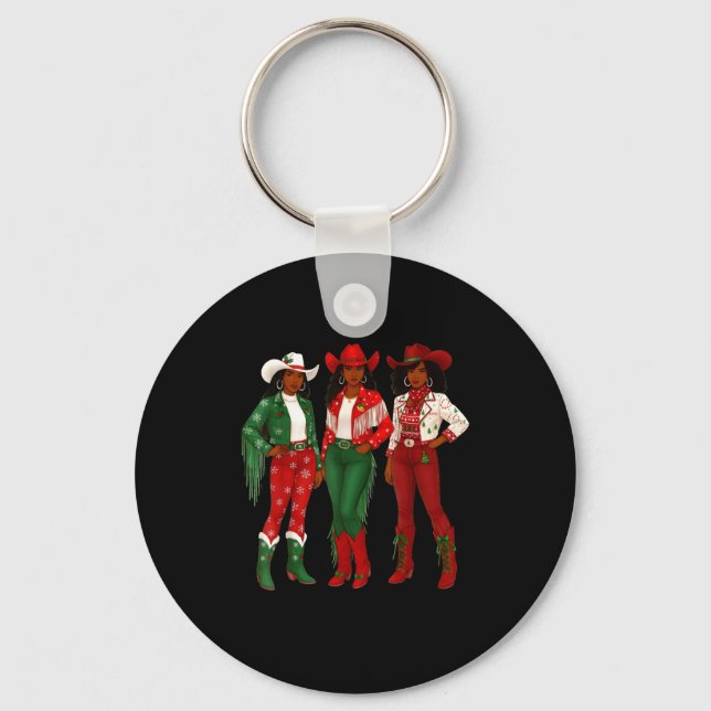 Merry Christmas African American Afro Cowgirl West Keychain (Front)