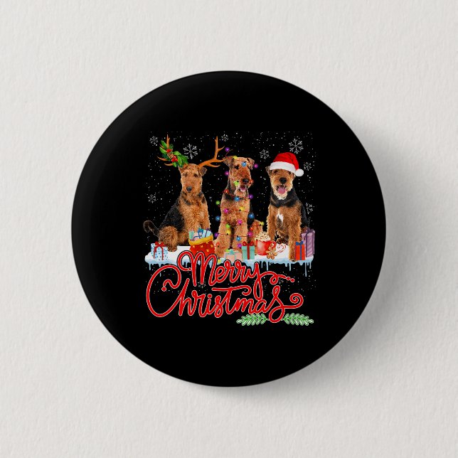 Merry Christmas Airedale Terrier Santa Reindeer Li Button (Front)
