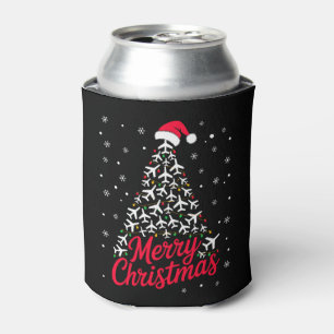 Merry Christmas Airplane Tree Santa Hat Snowflakes Can Cooler