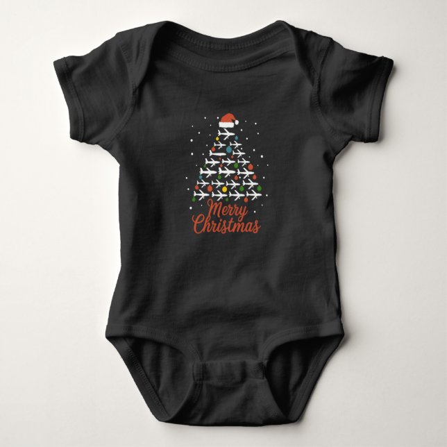 Merry Christmas Airplane Tree Vacation Baby Bodysuit (Front)