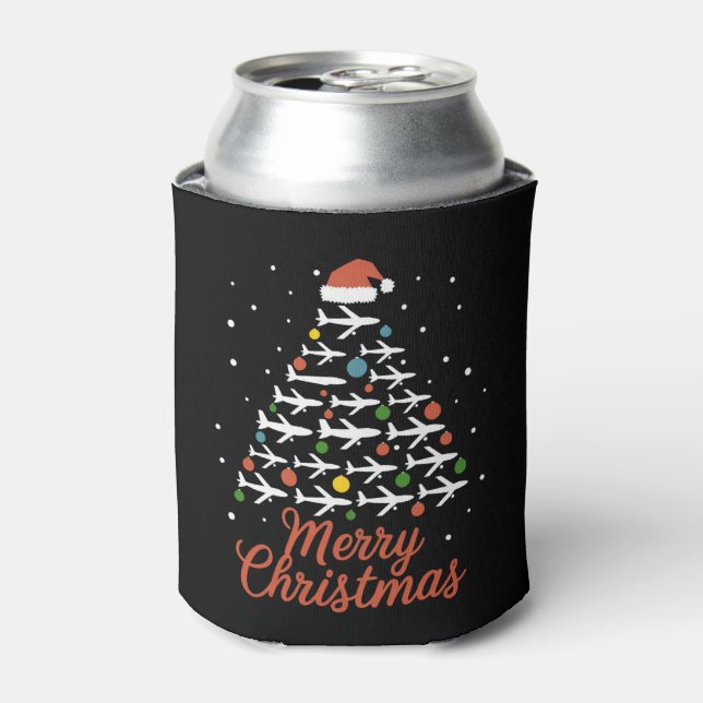 Merry Christmas Airplane Tree Vacation Can Cooler (Can Front)