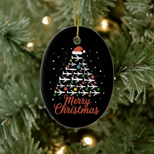 Merry Christmas Airplane Tree Vacation Ceramic Ornament (Tree)