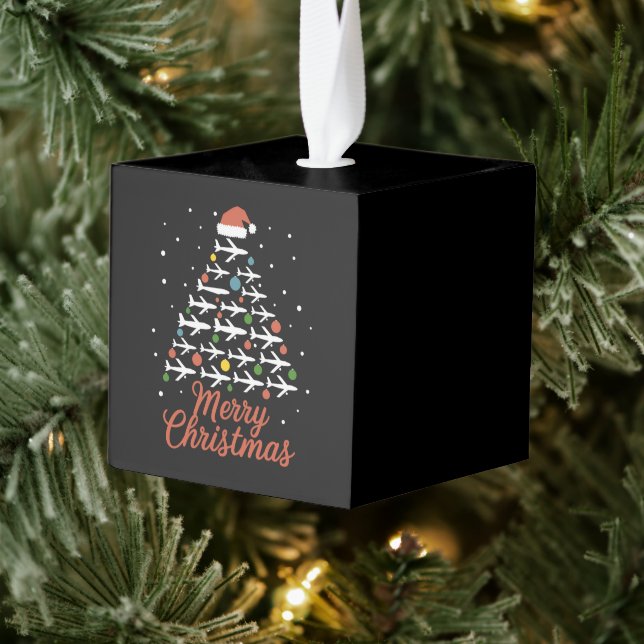 Merry Christmas Airplane Tree Vacation Cube Ornament (Tree)