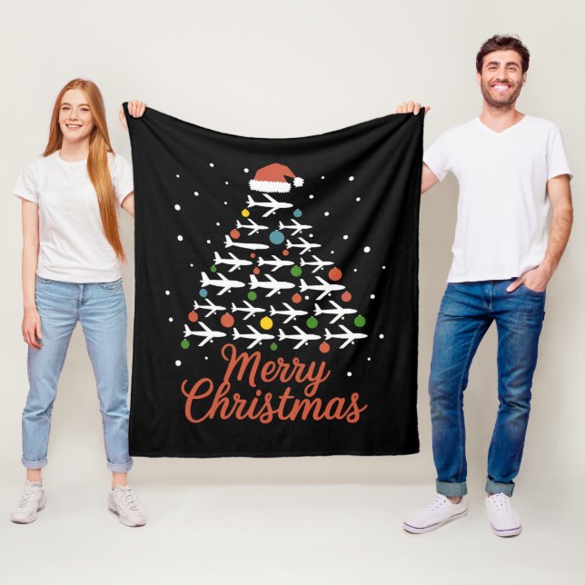 Merry Christmas Airplane Tree Vacation Fleece Blanket (In Situ)