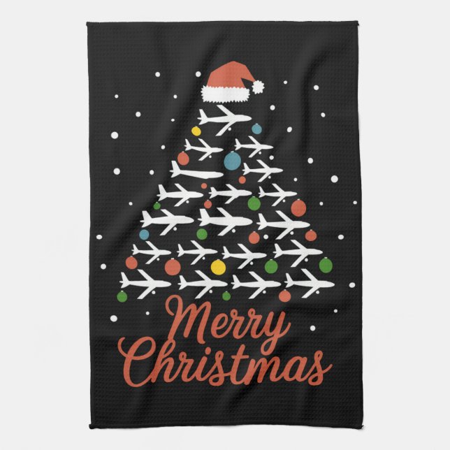 Merry Christmas Airplane Tree Vacation Kitchen Towel (Vertical)