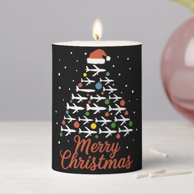 Merry Christmas Airplane Tree Vacation Pillar Candle (In Situ)