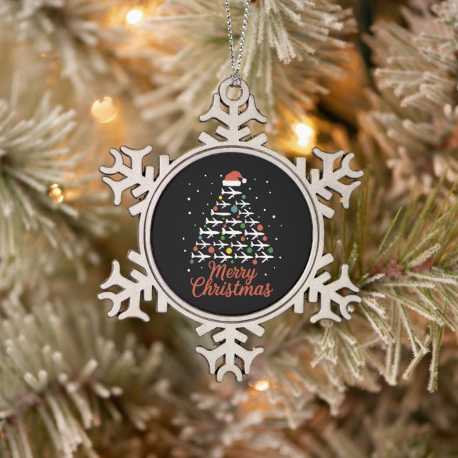 Merry Christmas Airplane Tree Vacation Snowflake Pewter Christmas Ornament (Tree)