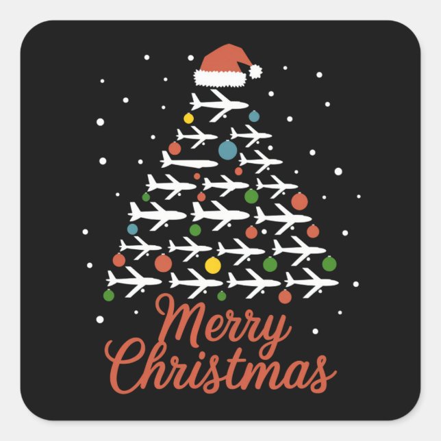 Merry Christmas Airplane Tree Vacation Square Sticker (Front)