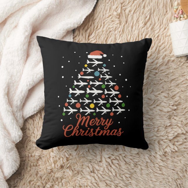 Merry Christmas Airplane Tree Vacation Throw Pillow (Blanket)