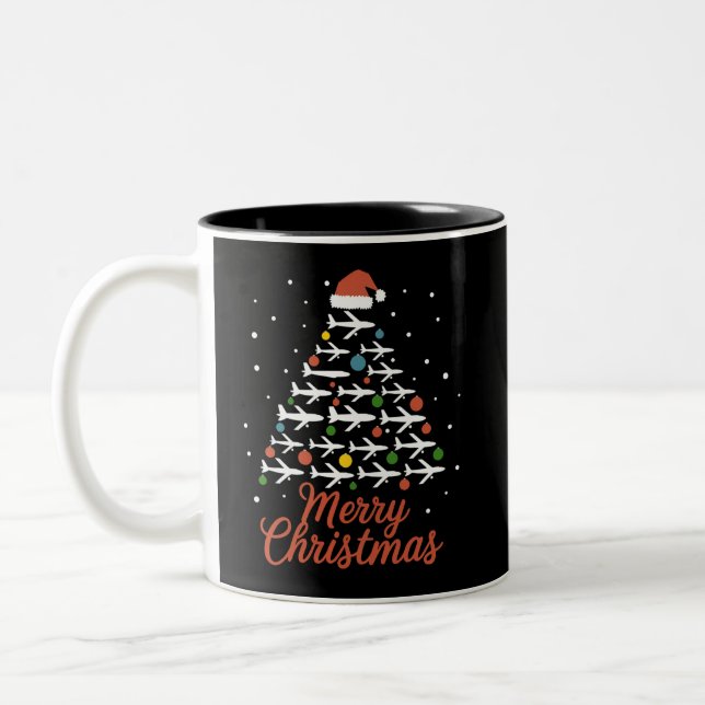 Merry Christmas Airplane Tree Vacation Two-Tone Coffee Mug (Left)