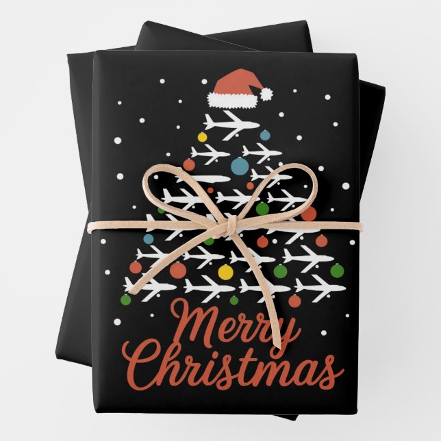 Merry Christmas Airplane Tree Vacation Wrapping Paper Sheets (In situ)