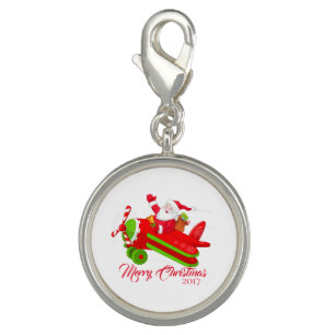 Merry Christmas AirplaneSanta Silver Plate Charm