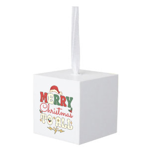 Merry Christmas All Santa Hat Lightning Stars Cube Ornament