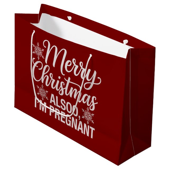 Merry Christmas Also Im Pregnant Baby Announcement Large Gift Bag (Front Angled)