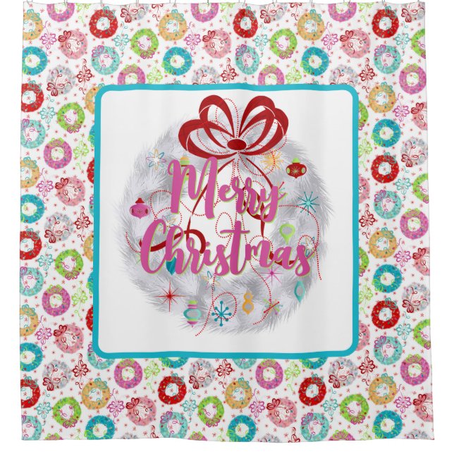 Merry Christmas Aluminum Wreath Retro Christmas Shower Curtain (Front)