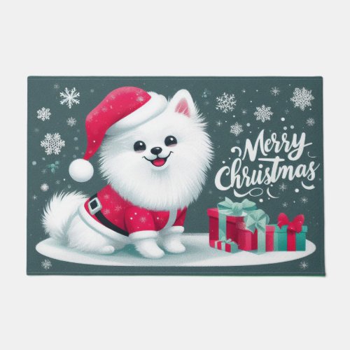 Merry Christmas American Eskim Dog Santa Hat Xmas Doormat