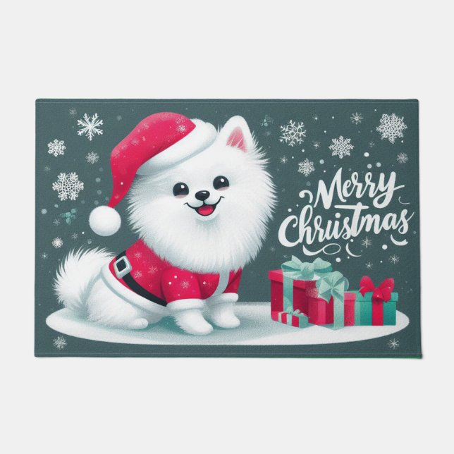 Merry Christmas American Eskim Dog Santa Hat Xmas Doormat (Front)
