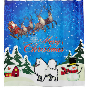 Merry Christmas American Eskimo Dog With Santa Shower Curtain