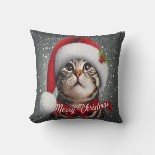 Merry Christmas American shorthair Cat , Santa Cat Throw Pillow (Front)