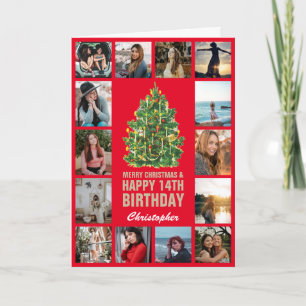 Merry Christmas and 14th Happy Birthday Red & Gold Card