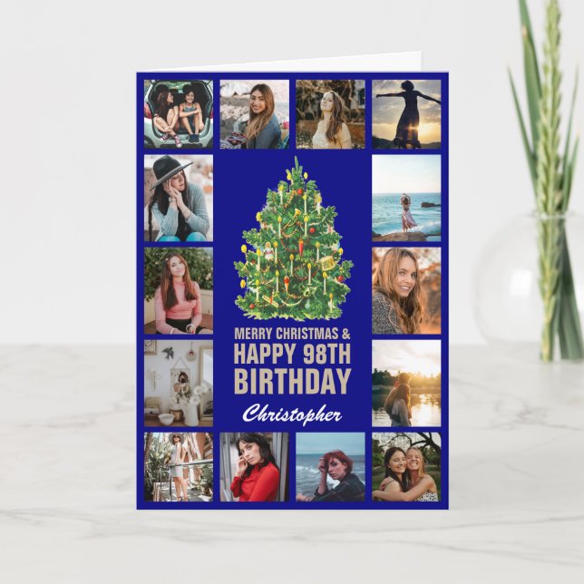 Merry Christmas and 98th Happy Birthday Navy Blue Card (Front)