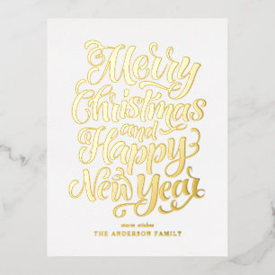 Merry Christmas and a Happy New Year Calligraphy Foil Holiday Postcard