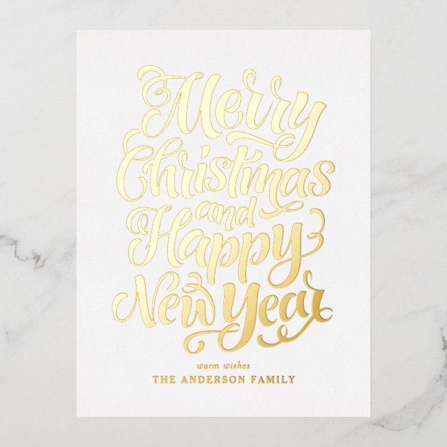 Merry Christmas and a Happy New Year Calligraphy Foil Holiday Postcard (Front)
