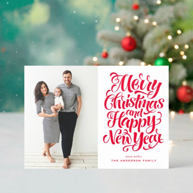 Merry Christmas and a Happy New Year Calligraphy Letterpress Photo Cards (Front (Into))
