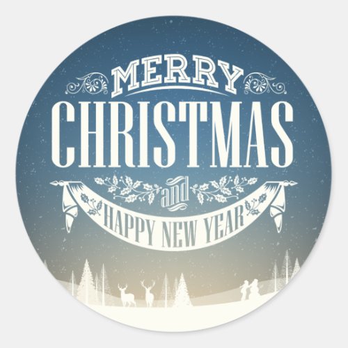 Merry Christmas and a Happy New Year Snow Scene Classic Round Sticker