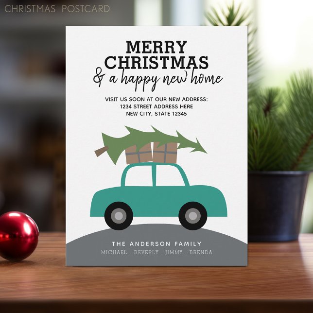 Merry Christmas and a New Home Address Moving Holiday Postcard (Holiday moving postcard with an area to add your new address. Cute car with Christmas tree on top.)