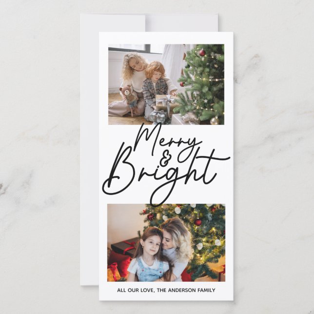 Merry Christmas and Bright Modern 2 Photo Collage  Holiday Card (Front)