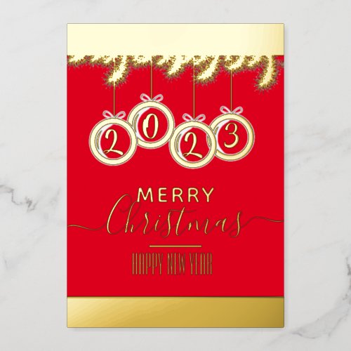 Merry Christmas and Happy New Year 2023 Red Gold Foil Holiday Card