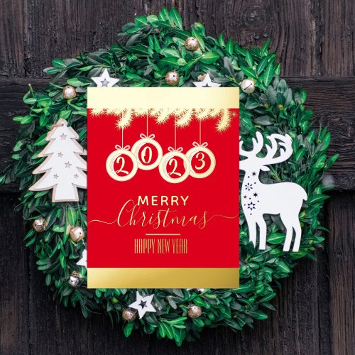 Merry Christmas and Happy New Year 2023 Red Gold Foil Holiday Postcard
