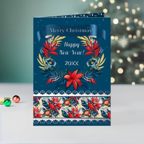 Merry Christmas and Happy New Year 2024 Blue Bird Foil Holiday Card