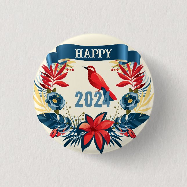 Merry Christmas and Happy New Year! 2024 Red Bird Button (Front)