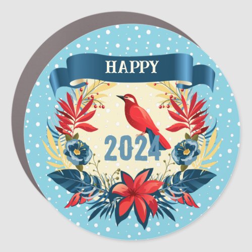 Merry Christmas and Happy New Year 2024 Red Bird Car Magnet