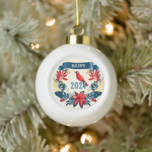Merry Christmas and Happy New Year 2024 Red Bird Ceramic Ball Christmas Ornament