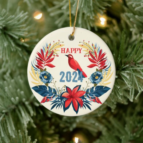 Merry Christmas and Happy New Year 2024 Red Bird Ceramic Ornament