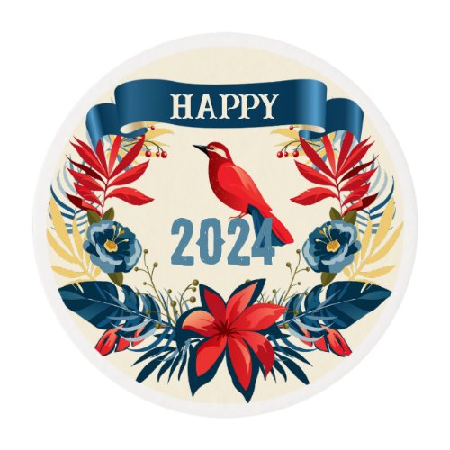 Merry Christmas and Happy New Year 2024 Red Bird Edible Frosting Rounds
