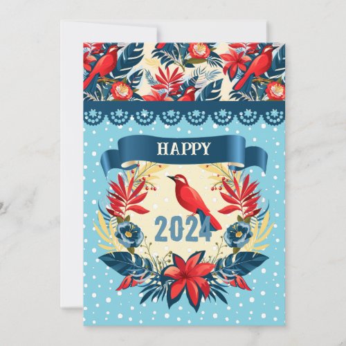 Merry Christmas and Happy New Year 2024 Red Bird Holiday Card