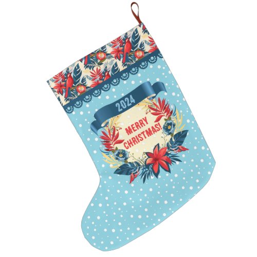 Merry Christmas and Happy New Year 2024 Red Bird Large Christmas Stocking