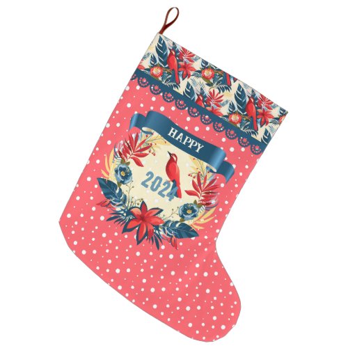 Merry Christmas and Happy New Year 2024 Red Bird Large Christmas Stocking